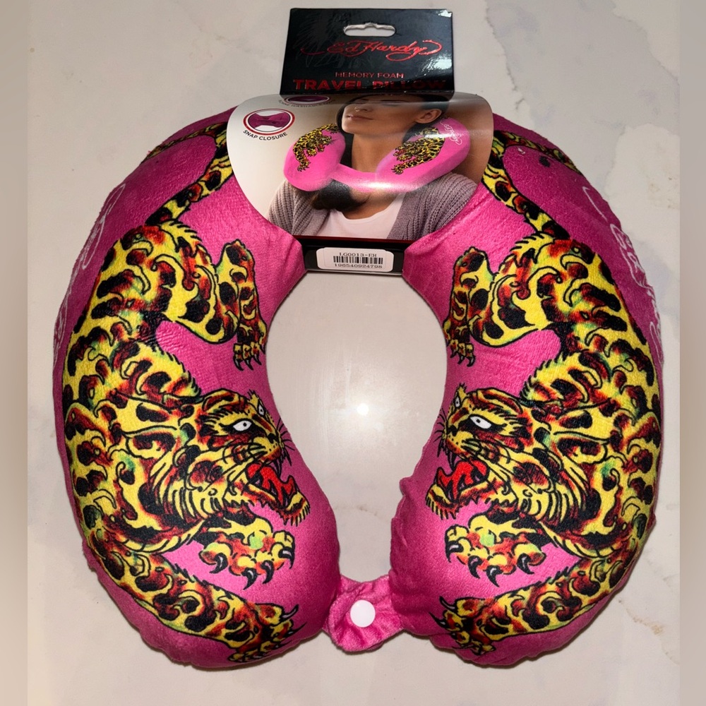 Ed Hardy Tattoo Tiger Travel Neck Pillow Memory Foam Pink NWT Unisex